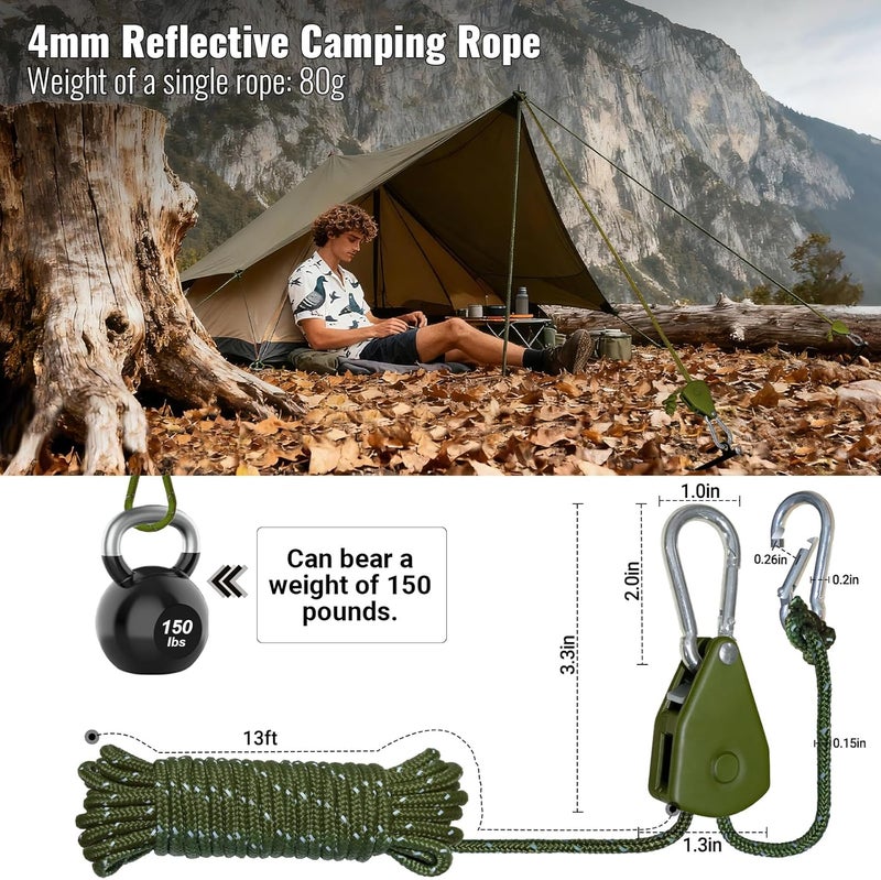 SOHIDAS Camping Rope Reflective Tent Rope Guyline with Ratchet Pulley, Tarp Tie Down Ropes for Tent Tarp, Canopy Shelter, Camping, 13ft Adjustable Guy Line for Canopy Tent 4 Pack Guy Lines Tents Cords - Image 2